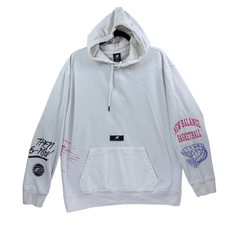 New Balance Basketball Hoodie Mens Large White Graphic Then & Now Pullover